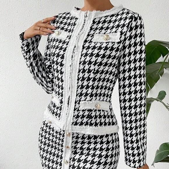 White & Black Preppy Womens Houndstooth Print Contrast Trim Tweed Jacket & Skirt - Picture 4 of 5